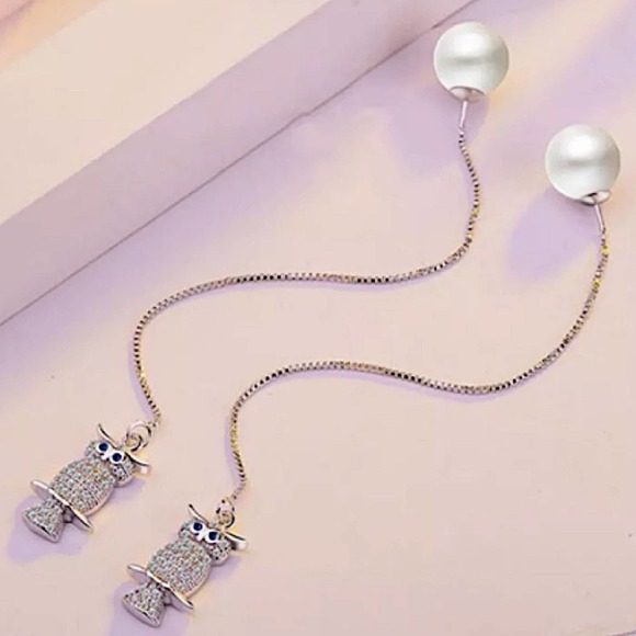 Sterling Silver Owl, Pearl Long Earrings - Picture 3 of 7